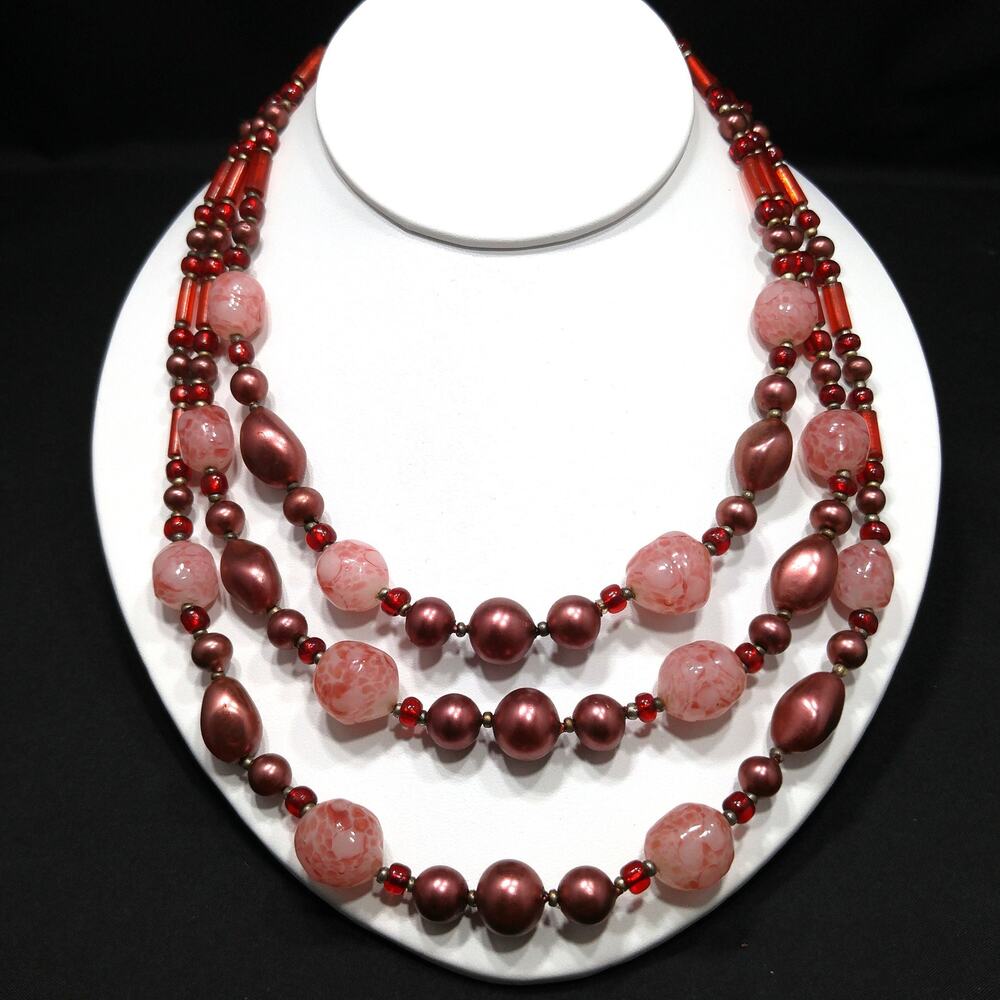 Vintage Art Glass Beaded Necklace, Three Strands, 1940s Vintage Jewelry